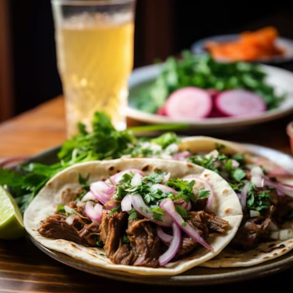 Two La Bamba Restaurant and Cantina tacos with meat, red onion, and cilantro, with a drink and sides.